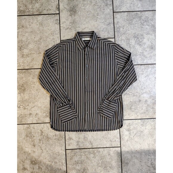 PERRY ELLIS Men's Black Brown Striped Long Sleeves Button-Down Shirt Size Large - Picture 2 of 16